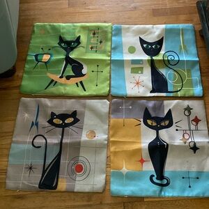 4 Retro Style Atomic Black Cat Throw Pillow Zip Covers - New